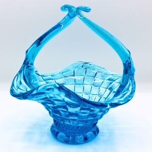 Vintage Blue Glass Basket Pedestal Style Basketweave Ruffled Edge Split Handle